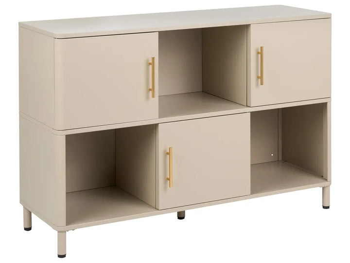 A modern two-tier storage cabinet in a light beige finish with gold-toned metal handles and small black feet, shown on a plain white background.
