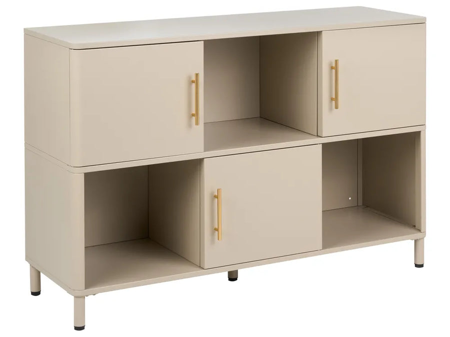 A modern two-tier storage cabinet in a light beige finish with gold-toned metal handles and small black feet, shown on a plain white background.