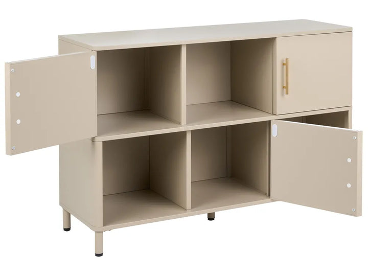 A beige metal storage cabinet with a top door, two front-facing cubbies, a lower shelf, and two side doors shown open, photographed on a plain white background.