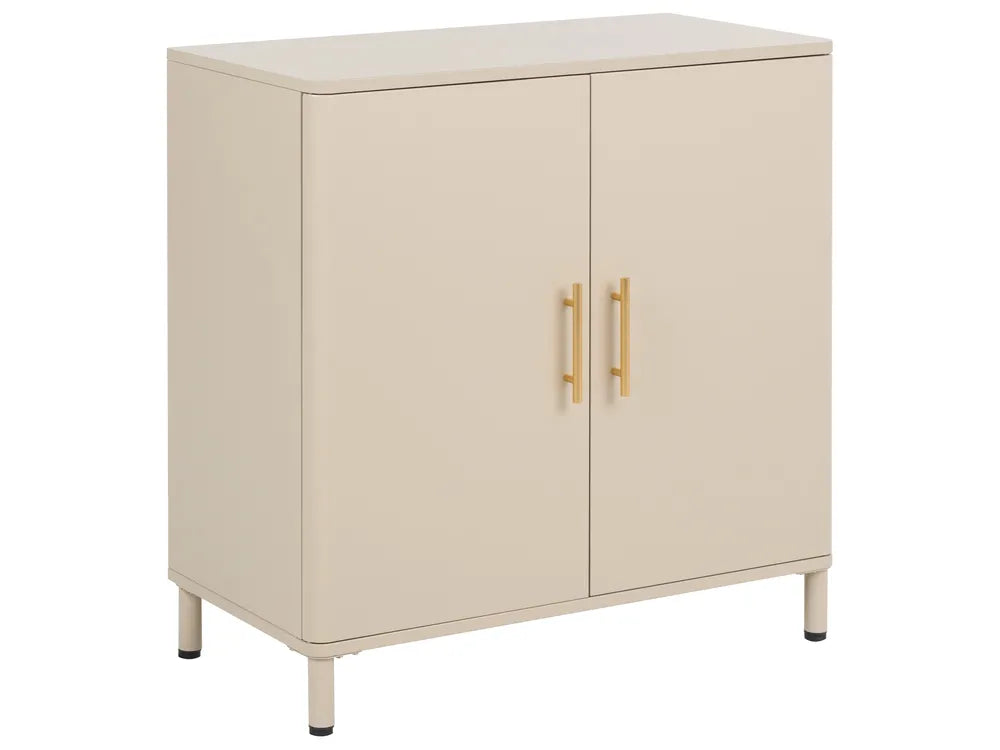 A modern two-door cabinet in a warm cream or beige finish, featuring slim gold handles and short legs with black tips, shown against a plain white background.