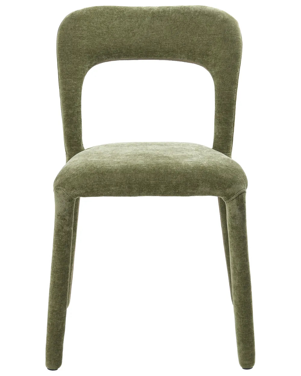 An upholstered dining chair with a curved backrest and seat, covered in textured olive green fabric, shown against a plain white background.