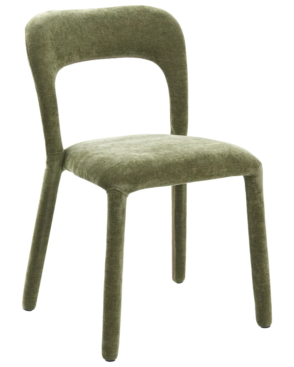An upholstered dining chair with a curved backrest, padded seat, and four tapered legs, shown on a plain white background.
