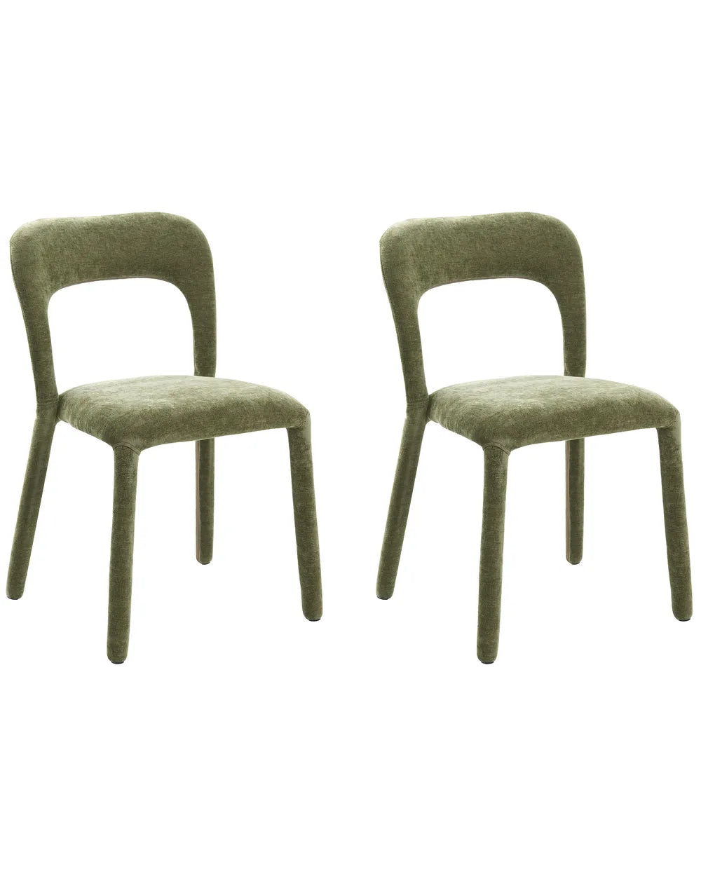 Two modern dining chairs upholstered in textured olive green fabric, shown from the front against a plain white background.