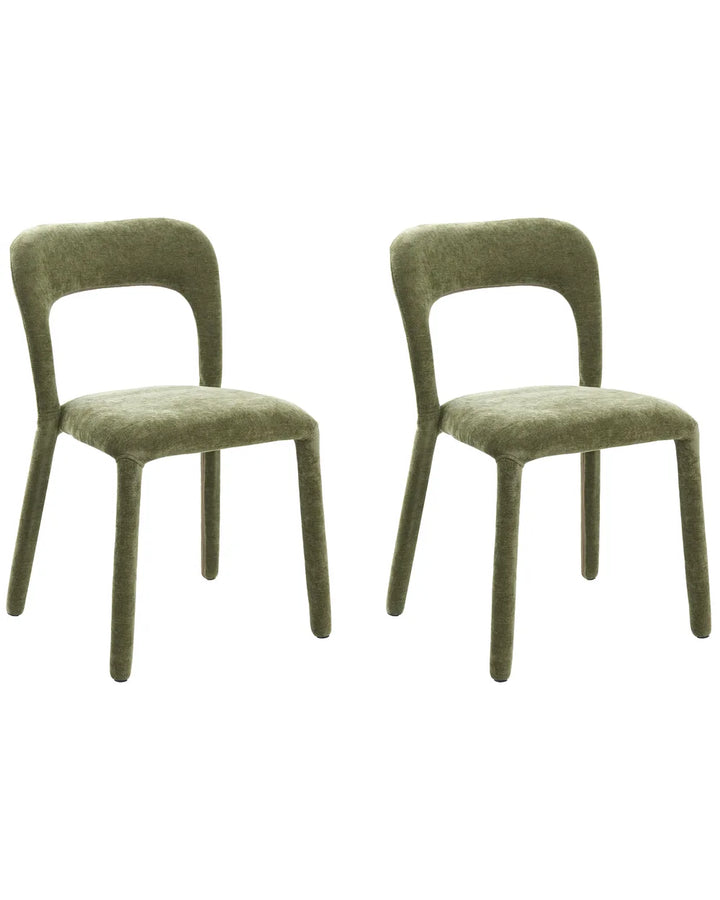 Two modern dining chairs upholstered in textured olive green fabric, shown from the front against a plain white background.
