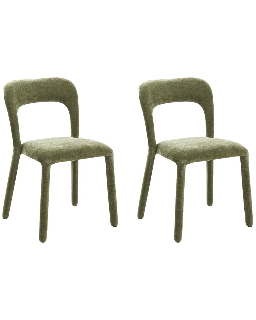 Two modern dining chairs upholstered in textured olive green fabric, shown from the front against a plain white background.