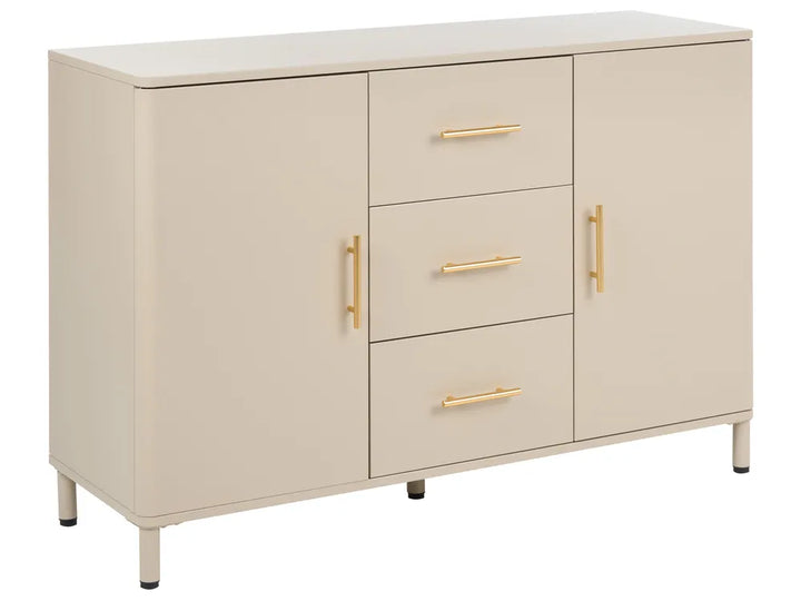 A modern sideboard cabinet with a cream finish, featuring three drawers on the left and two doors on the right, both with slim gold handles, set against a plain white background.