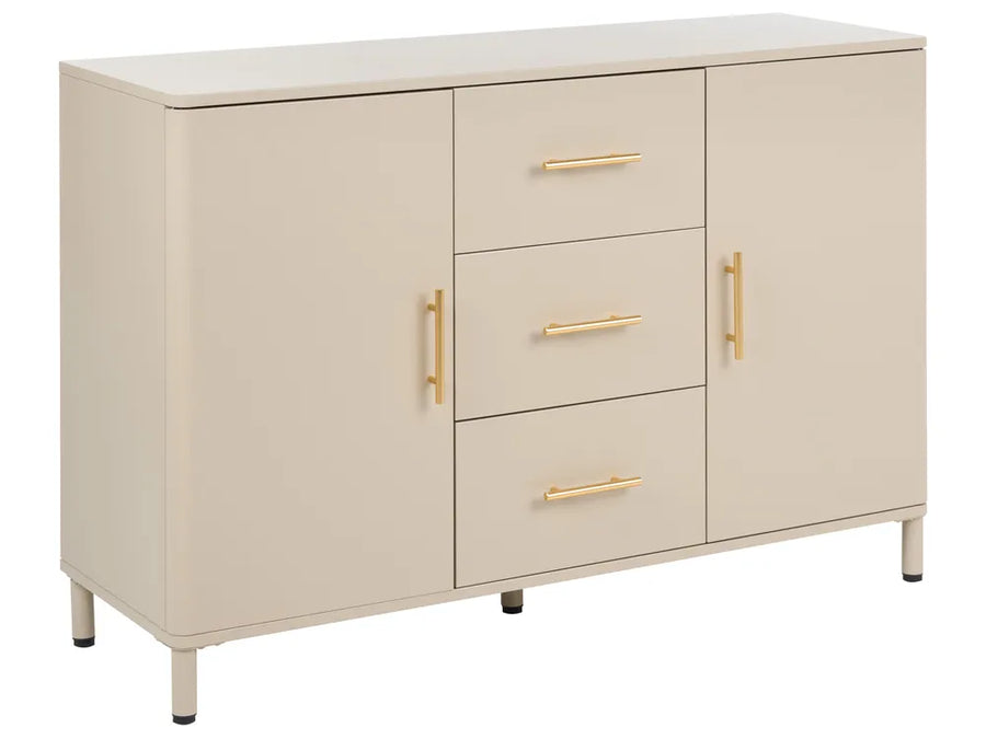 A modern sideboard cabinet with a cream finish, featuring three drawers on the left and two doors on the right, both with slim gold handles, set against a plain white background.