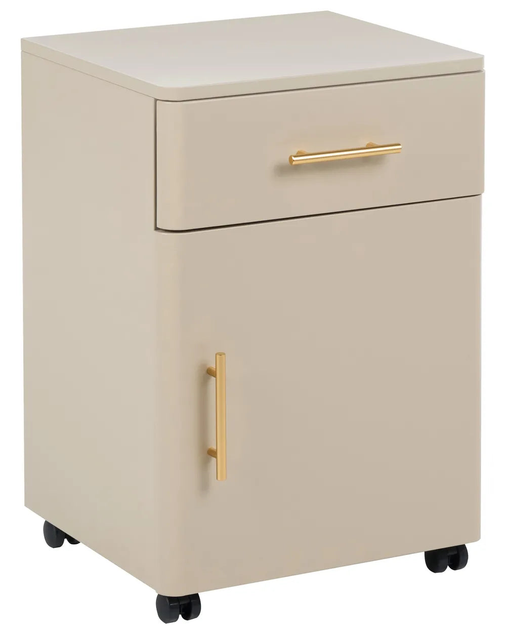 A beige rolling office cabinet with a single drawer and a lower door, both featuring slim gold handles, shown on a plain white background.