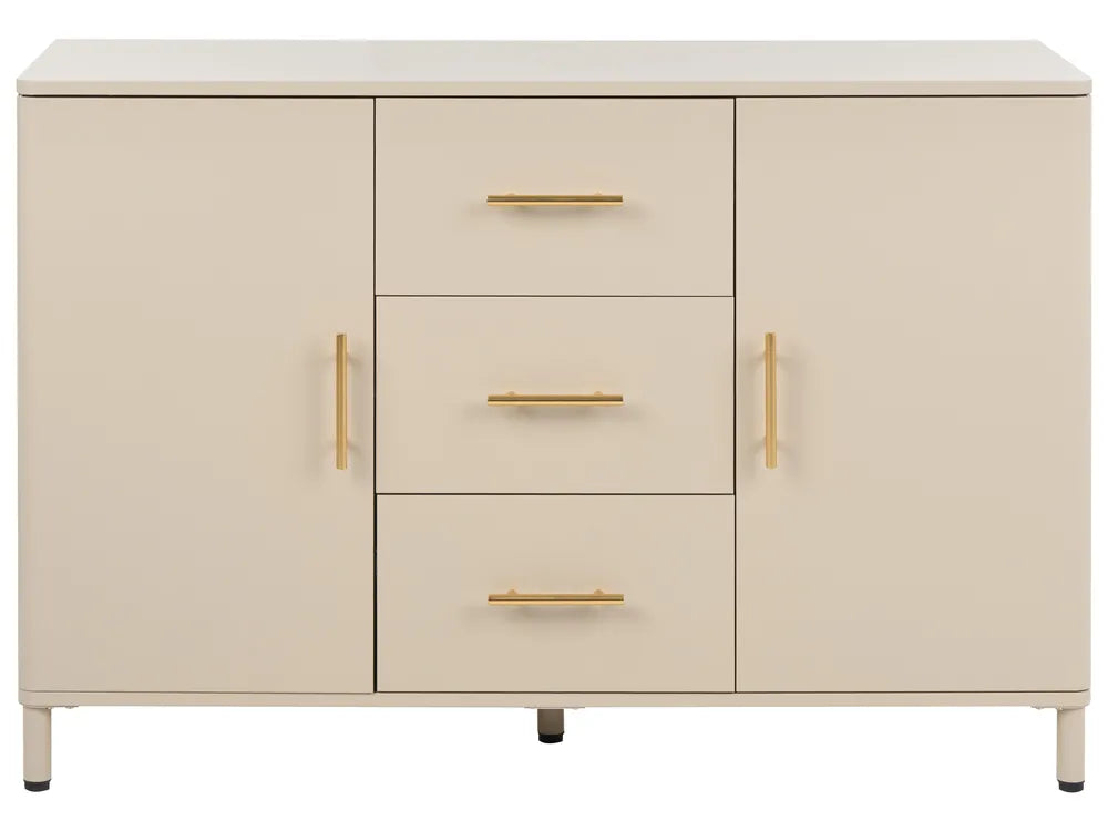 A modern sideboard cabinet with a cream finish, featuring three central drawers with slim gold bar handles and two side doors with matching vertical gold bar handles, supported by thin metal legs.