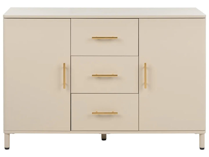 A modern sideboard cabinet with a cream finish, featuring three central drawers with slim gold bar handles and two side doors with matching vertical gold bar handles, supported by thin metal legs.