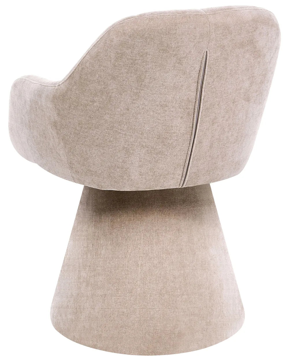 A modern upholstered accent chair with a sculptural, cone-shaped pedestal base and a rounded backrest, upholstered in a textured light beige fabric.