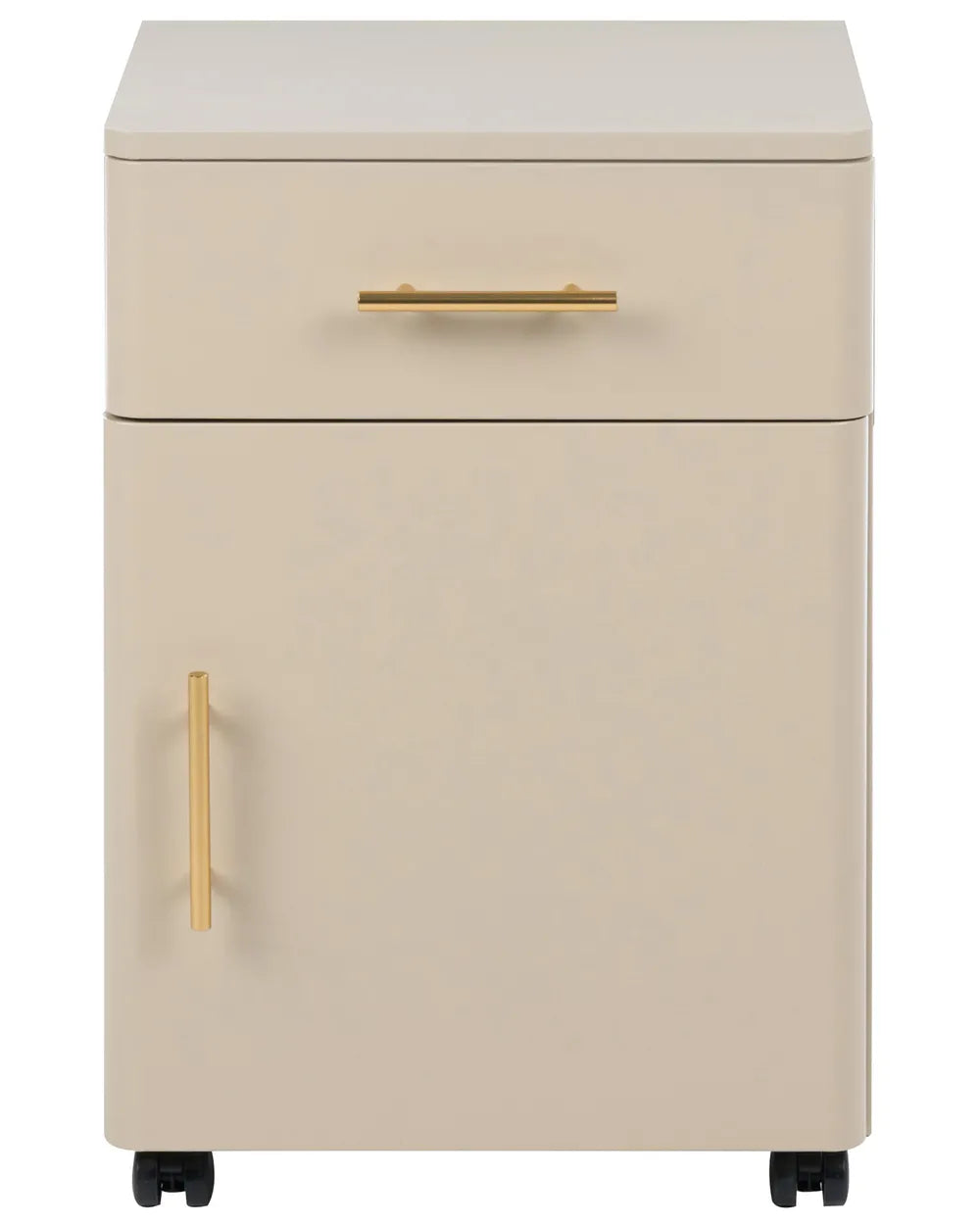 A modern two-tier storage cabinet in a warm cream-beige finish with brushed gold handles and black caster wheels, shown against a plain white background.