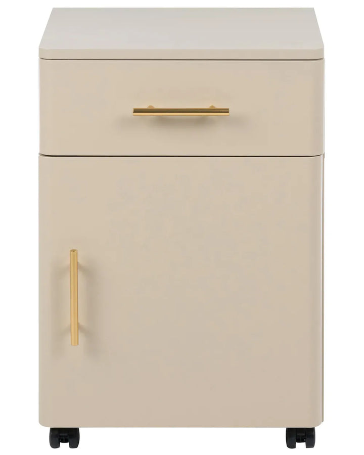 A modern two-tier storage cabinet in a warm cream-beige finish with brushed gold handles and black caster wheels, shown against a plain white background.