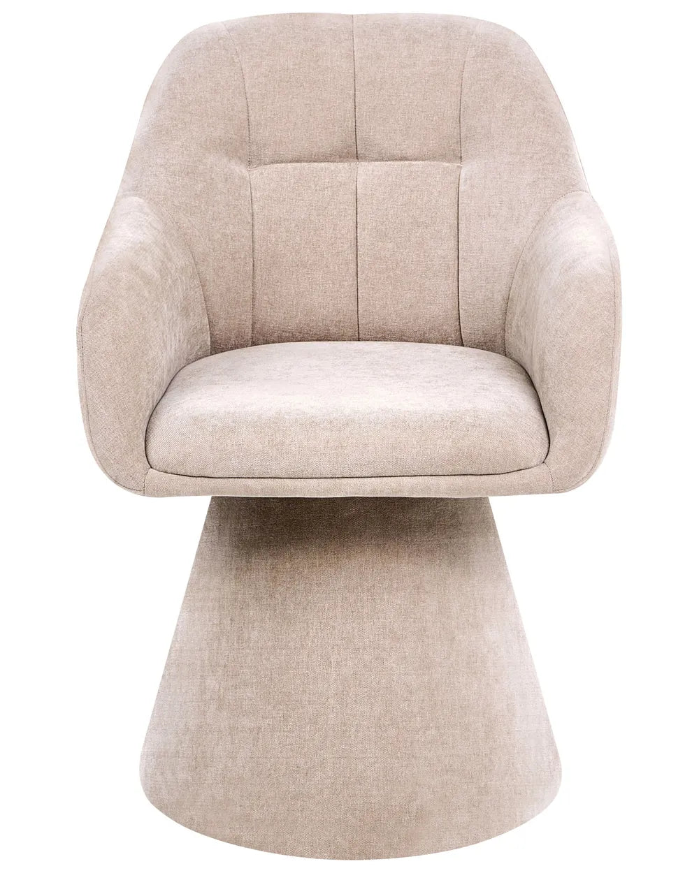 A modern upholstered accent chair with a tufted backrest, padded seat cushion, and a flared cylindrical pedestal base, upholstered in a textured light beige fabric.