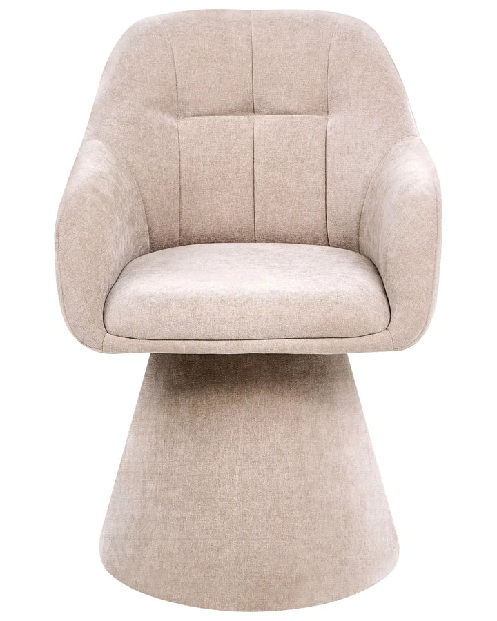 A modern upholstered accent chair with a tufted backrest, padded seat cushion, and a flared cylindrical pedestal base, upholstered in a textured light beige fabric.