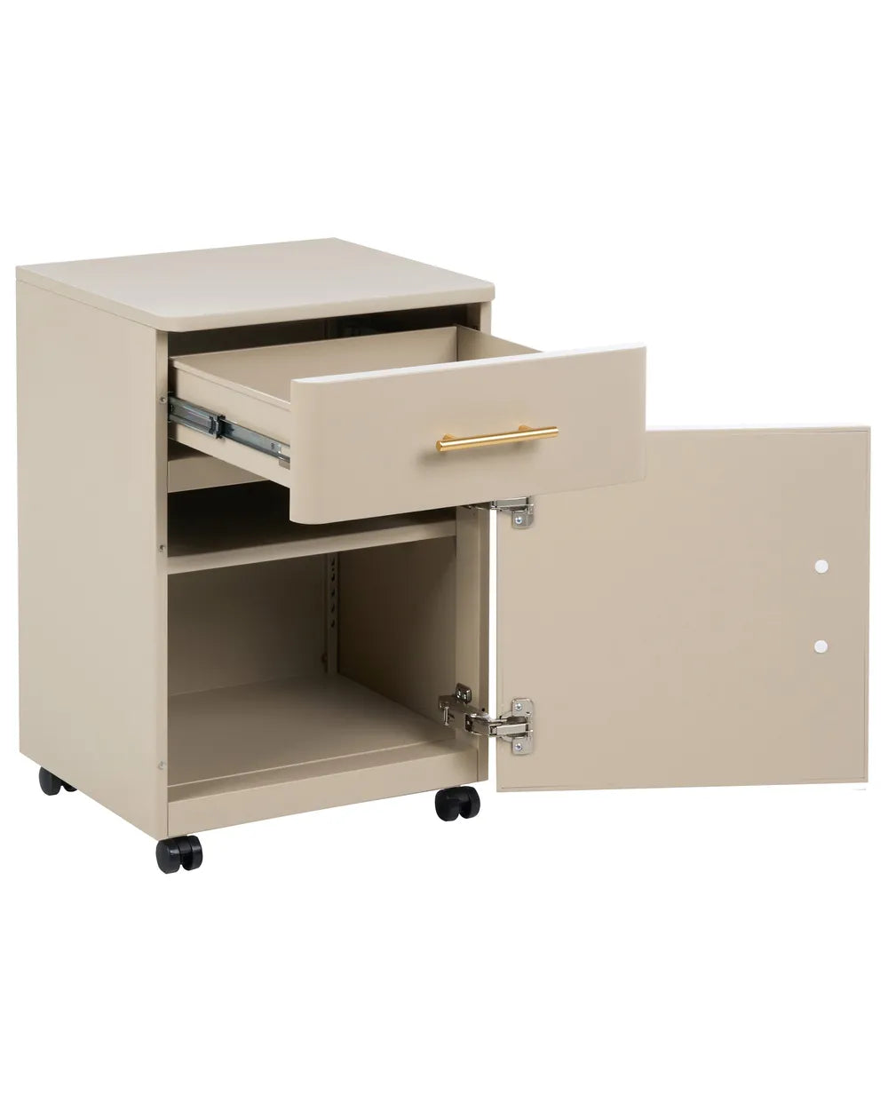 Beige rolling storage cabinet with one drawer partially open and one door swung open, showing the interior shelf and gold-tone drawer handle on a white background.