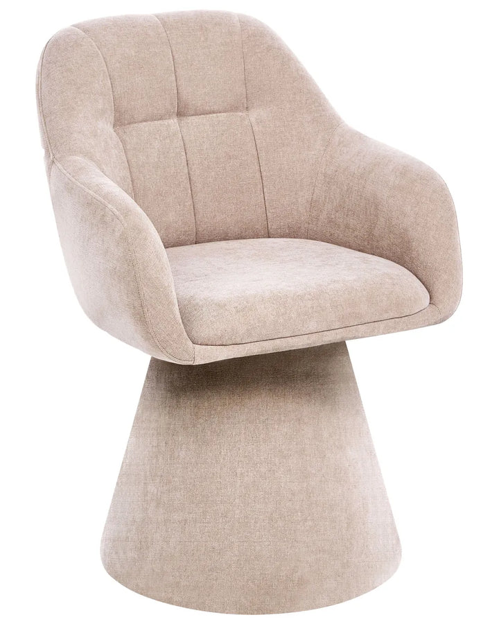 A modern upholstered swivel chair with a rounded, tufted backrest and seat cushion, mounted on a tapered pedestal base. The fabric is a textured light beige or taupe color, shown against a plain white background.