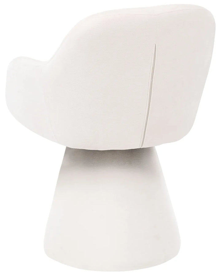 A modern white molded plastic or fabric chair with a wide armrest and a tapered pedestal base, shown against a plain white background.