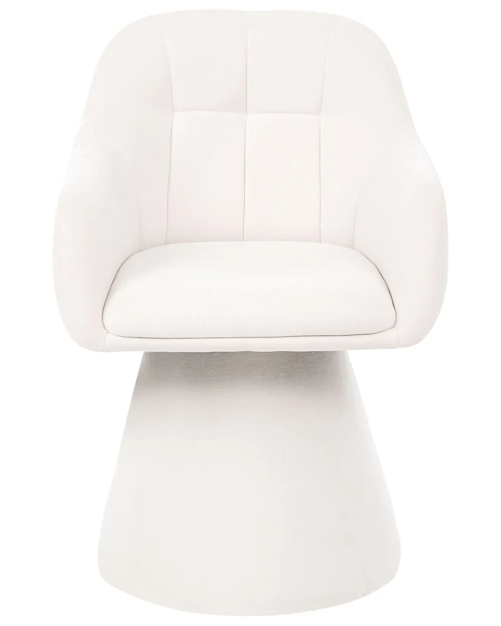 A modern white upholstered accent chair with a tufted backrest and a wide pedestal base, shown against a plain white background.