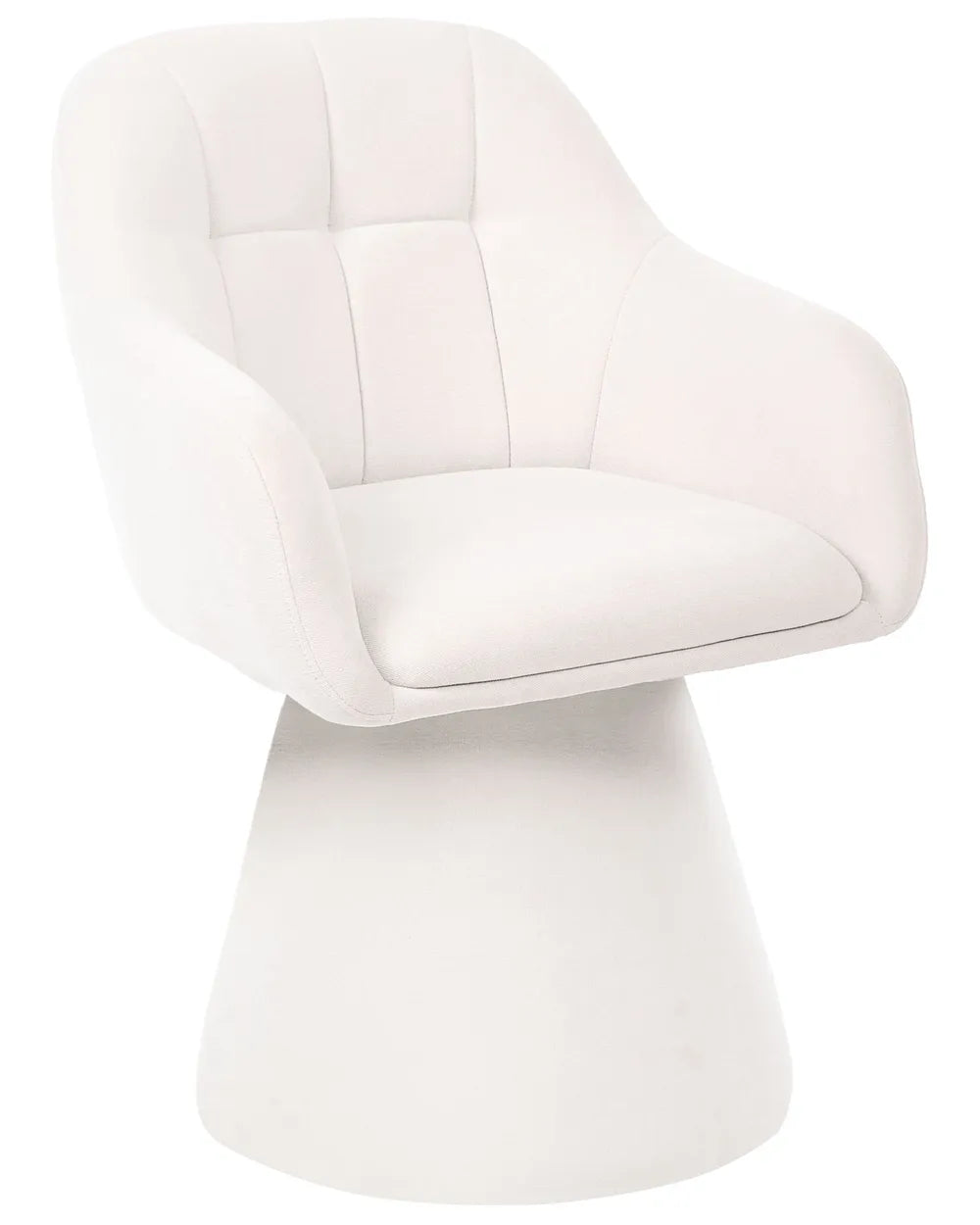 A modern white upholstered accent chair with a tufted backrest and a wide, sculptural pedestal base, shown against a plain white background.