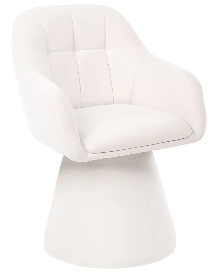 A modern white upholstered accent chair with a tufted backrest and a wide, sculptural pedestal base, shown against a plain white background.