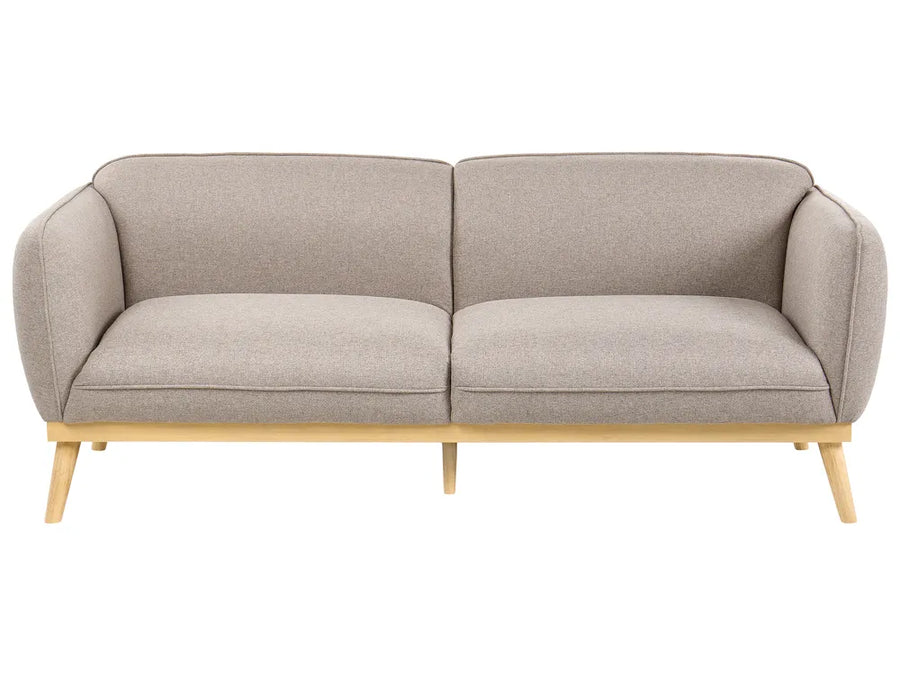 A modern two-seater loveseat sofa with light beige textured fabric upholstery and a natural light wood frame and legs, shown against a plain white background.
