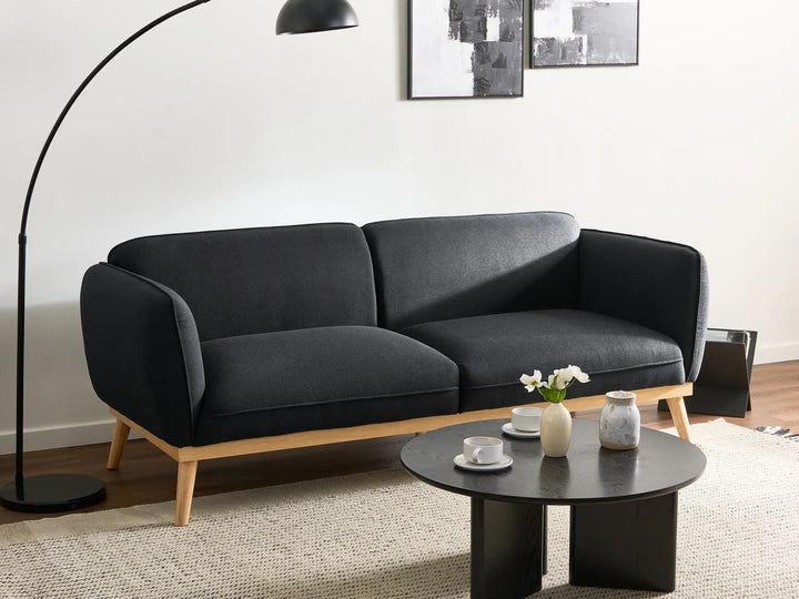 Modern black sofa in a living room with a coffee table and decorative items.