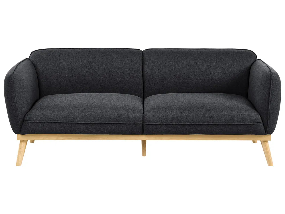 A modern two-seater sofa with dark charcoal gray fabric upholstery and light natural wood legs, shown against a plain white background.