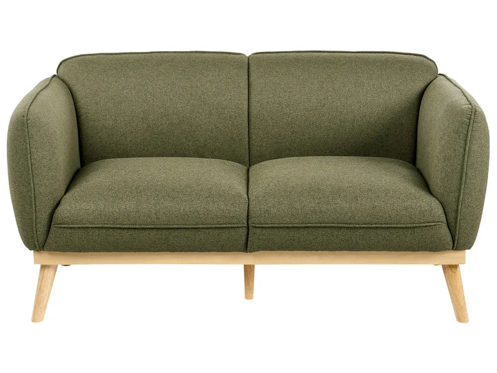 A two-seater sofa with olive green textured upholstery and light natural wood legs, shown against a plain white background.