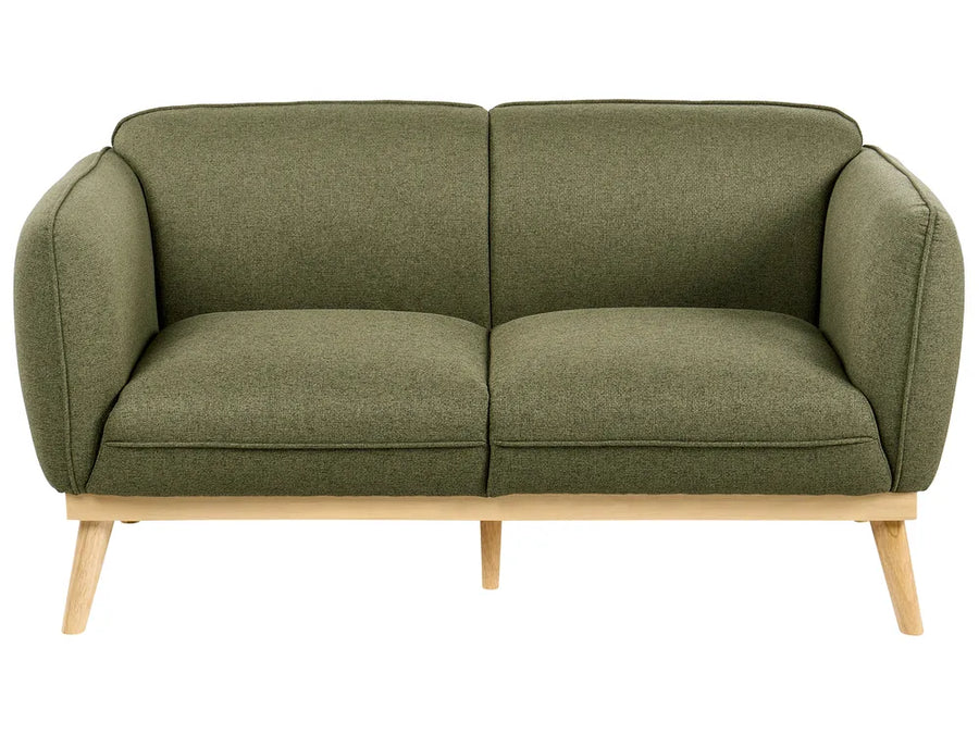 A two-seater sofa with olive green textured upholstery and light natural wood legs, shown against a plain white background.