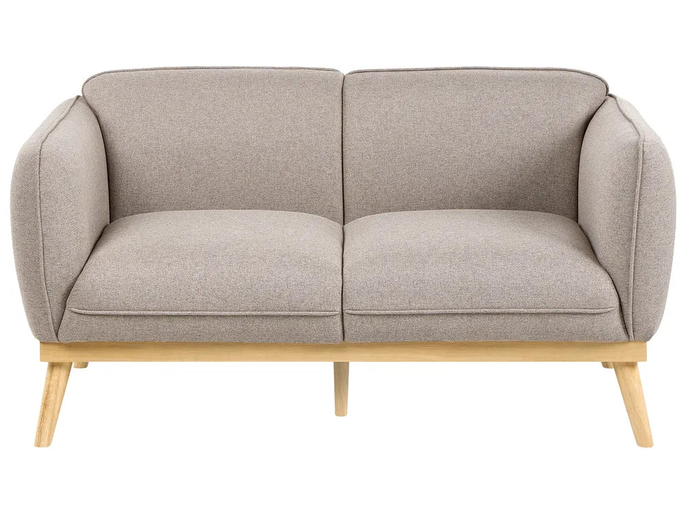 A modern two-seater loveseat sofa with light beige textured fabric upholstery and light natural wood legs, shown against a plain white background.