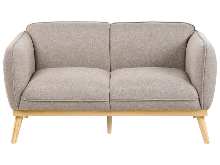 A modern two-seater loveseat sofa with light beige textured fabric upholstery and light natural wood legs, shown against a plain white background.