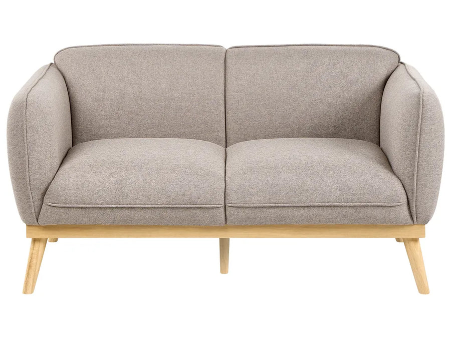 A modern two-seater loveseat sofa with light beige textured fabric upholstery and light natural wood legs, shown against a plain white background.