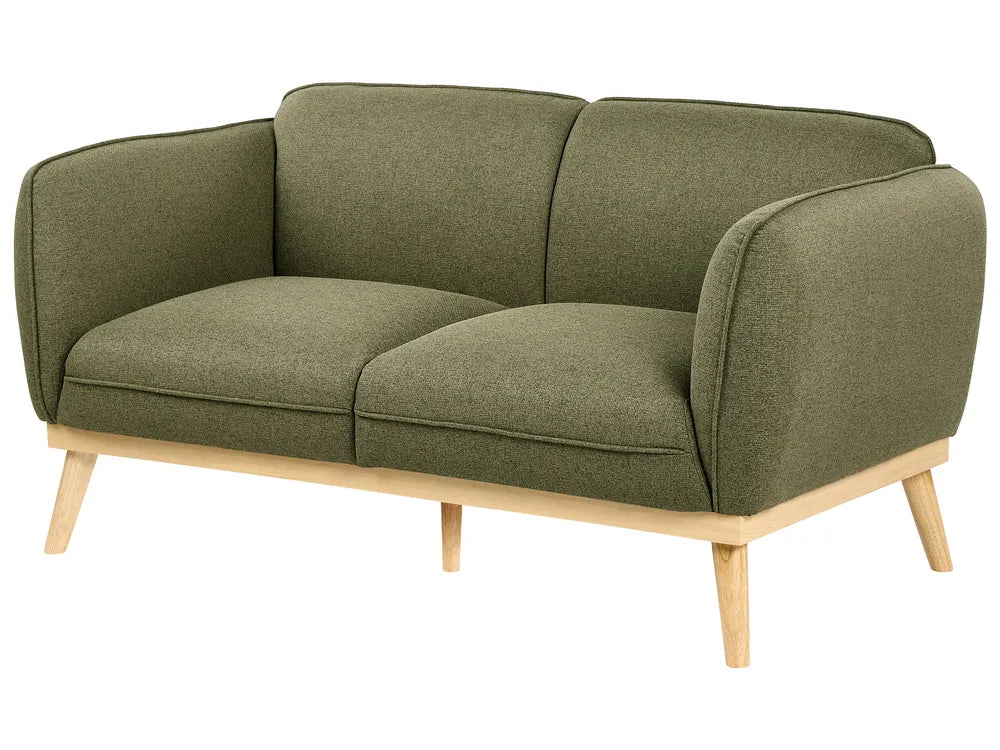 A two-seater loveseat sofa upholstered in textured olive green fabric with a light natural wood frame and tapered legs, shown on a plain white background.