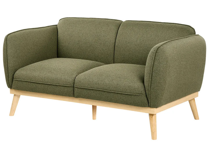 A two-seater loveseat sofa upholstered in textured olive green fabric with a light natural wood frame and tapered legs, shown on a plain white background.