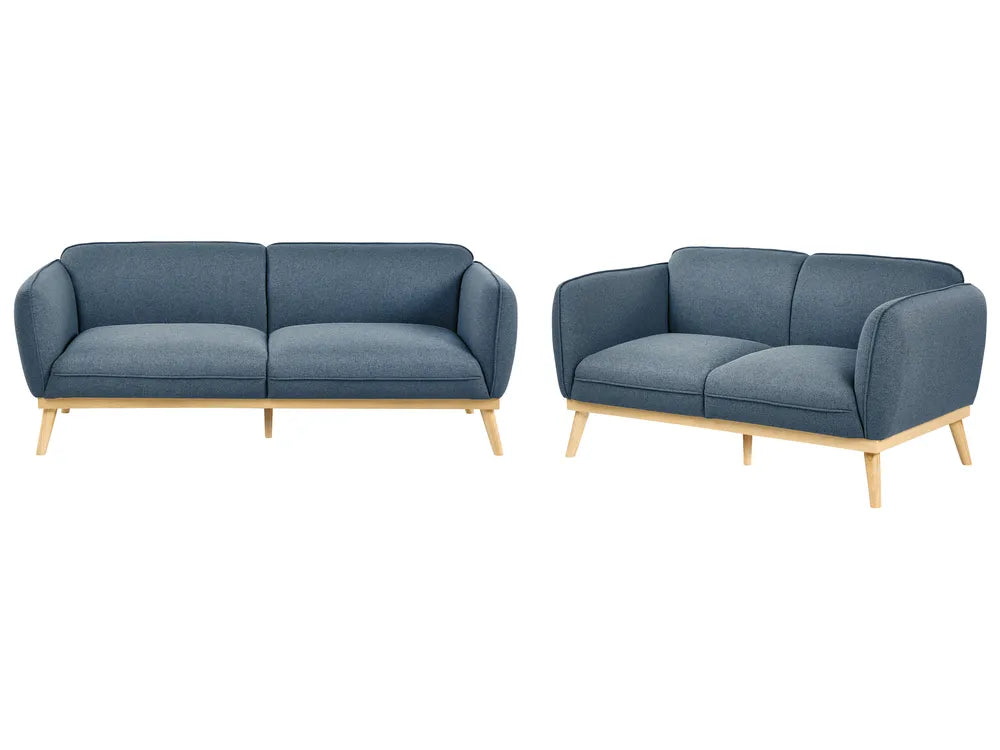 A two-piece sofa set consisting of a larger three-seat sofa and a smaller two-seat loveseat, both upholstered in a textured slate blue fabric with light natural wood legs, shown against a plain white background.