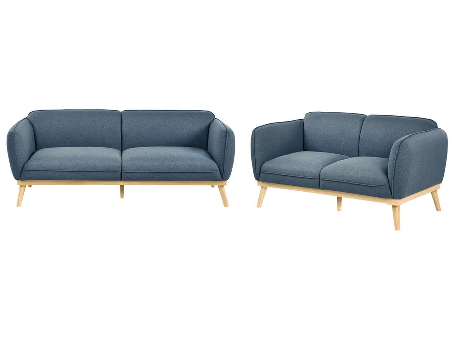 A two-piece sofa set consisting of a larger three-seat sofa and a smaller two-seat loveseat, both upholstered in a textured slate blue fabric with light natural wood legs, shown against a plain white background.