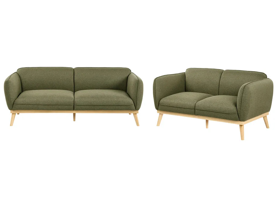 A two-piece sofa set consisting of a larger three-seat sofa and a smaller two-seat loveseat, both upholstered in olive green fabric with light natural wood legs, shown against a plain white background.