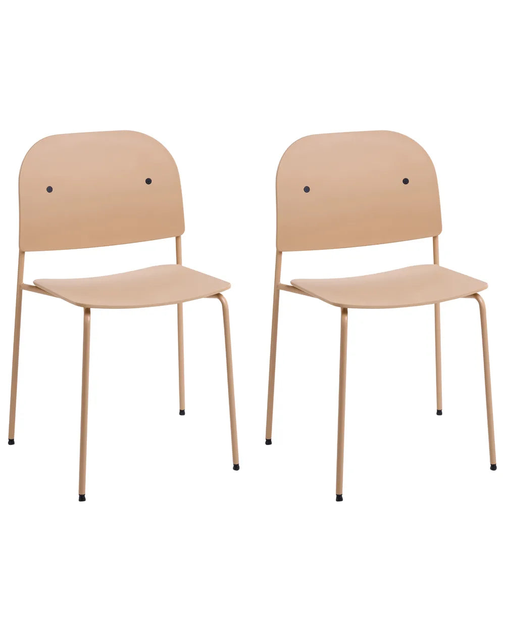 Two light beige plastic dining chairs with slim metal legs, shown side by side against a plain white background.