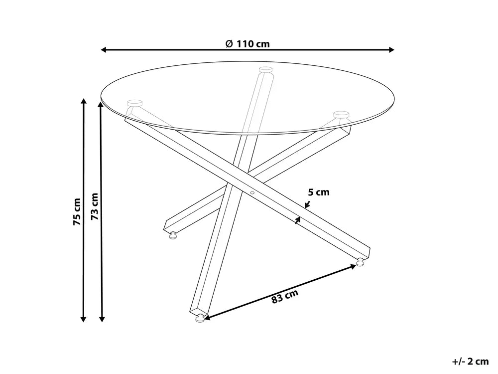 Black and white line drawing of a round glass-top table with crossed legs, showing dimension labels: 110 cm diameter top, 75 cm height, 83 cm base width, 5 cm leg thickness, and +/- 2 cm tolerance.