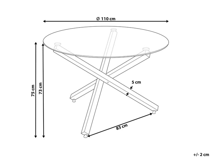 Black and white line drawing of a round glass-top table with crossed legs, showing dimension labels: 110 cm diameter top, 75 cm height, 83 cm base width, 5 cm leg thickness, and +/- 2 cm tolerance.
