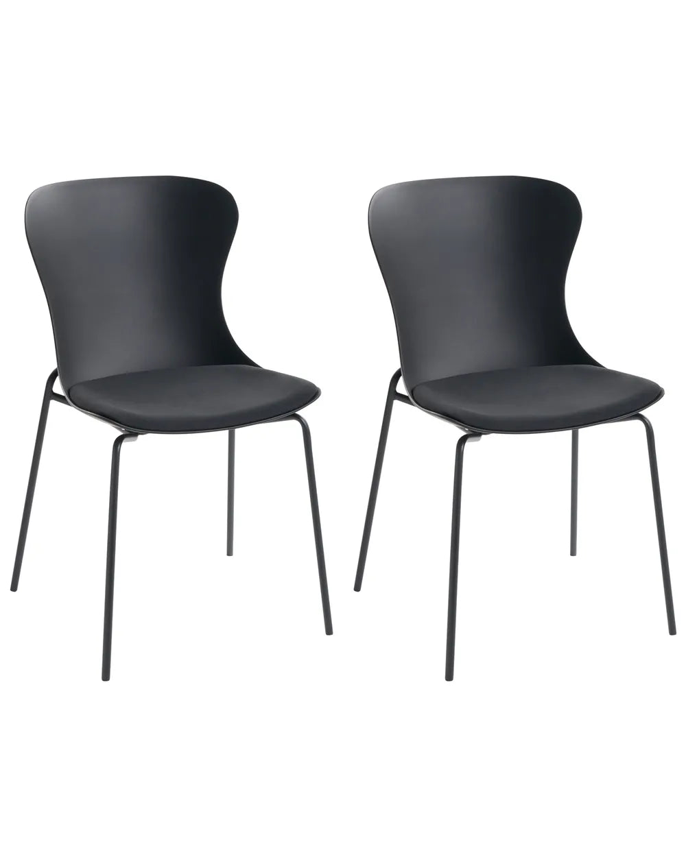 Two modern black dining chairs with curved backs and slim metal legs, shown side by side on a plain white background.