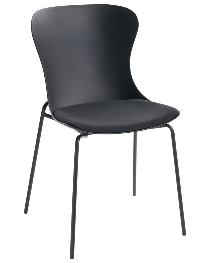 A modern black molded plastic dining chair with a curved backrest and slim metal legs, shown against a plain white background.