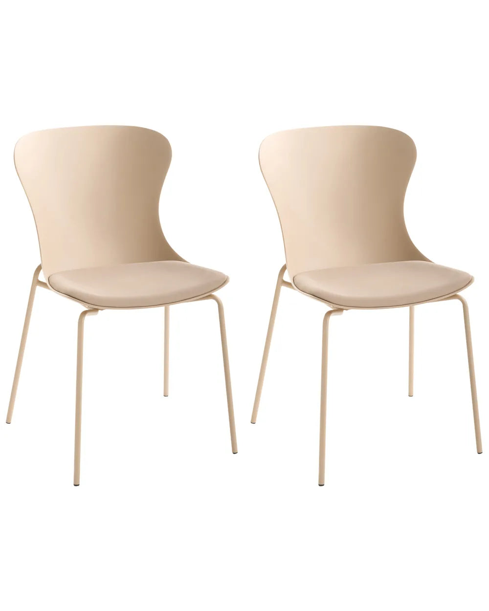 Two modern dining chairs with curved beige plastic seats and backs and slim gold-toned metal legs, shown on a plain white background.
