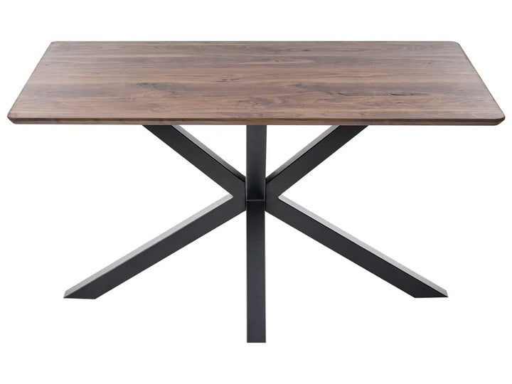 A rectangular dining table with a medium brown wood grain top and a black metal X-shaped pedestal base, shown against a plain white background.