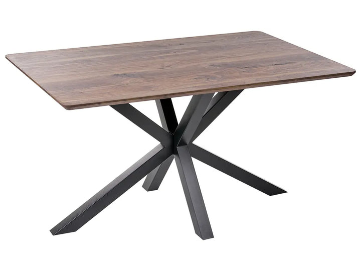 A rectangular dining table with a medium brown wood-grain top and a black metal X-shaped pedestal base, shown on a plain white background.