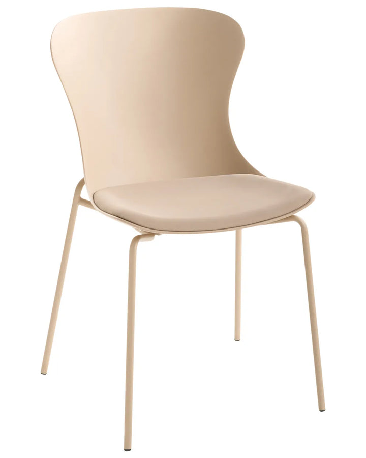 A modern side chair with a curved, sculptural shell seat and back upholstered in a light beige fabric, supported by slim metal legs in a matching beige tone, shown against a plain white background.