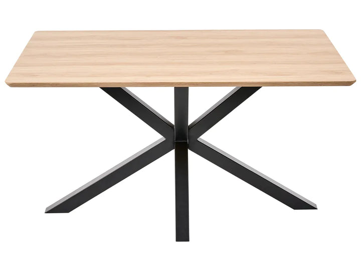 A rectangular dining table with a light natural wood grain top and a black metal X-shaped pedestal base, shown on a solid white background.