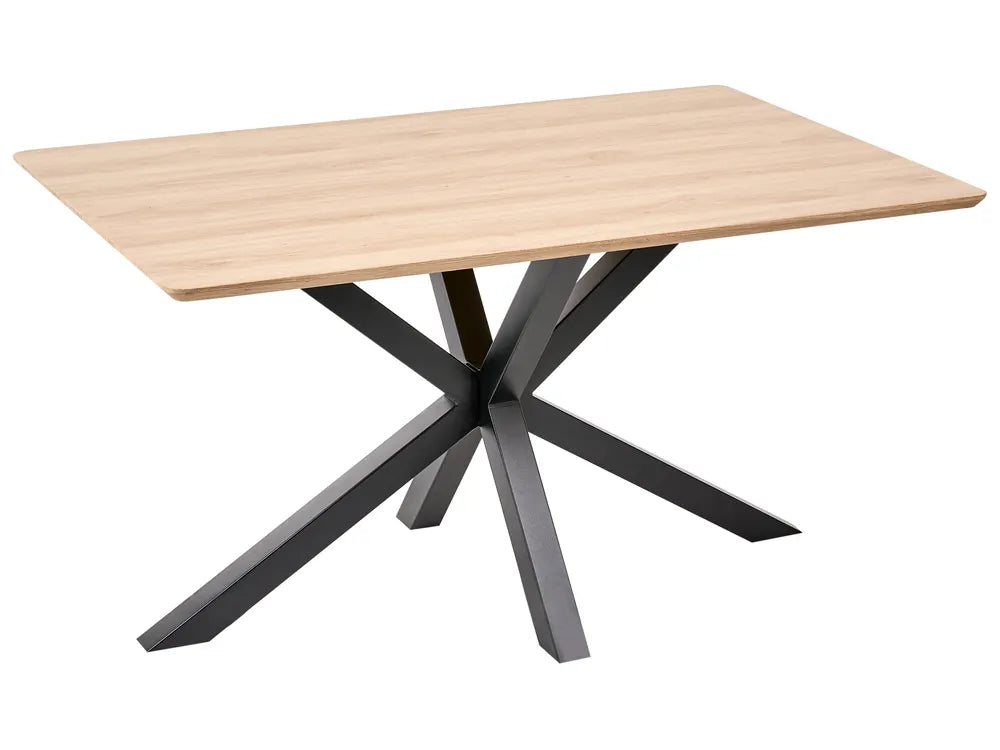 A rectangular dining table with a light natural wood grain top and a black metal X-shaped pedestal base, shown on a plain white background.