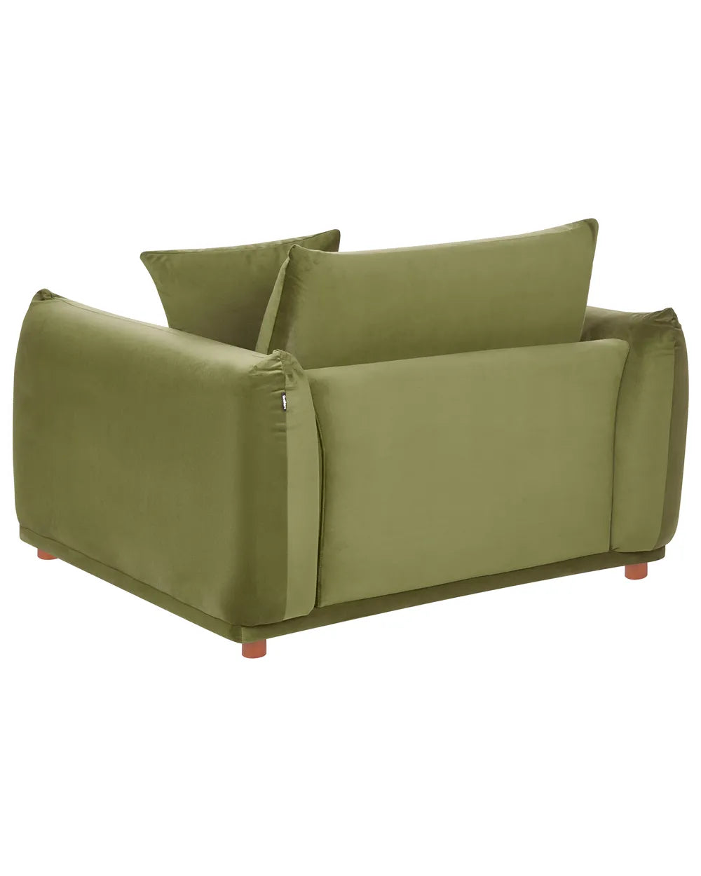 An olive green upholstered armchair with two matching back cushions, shown on a plain white background.